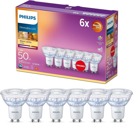 Becuri LED Philips Classic GU10 Warm Glow, pachet de 6 (50 W), spoturi LED cu reflector reglabil, lumina alba calda, becuri economice cu durata lunga de viata, Warm Glow reglabil