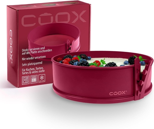 Tava cu arc Coox cu baza de sticla ⌀ 26 cm, rosu inchis, se coace si se serveste, se taie direct pe farfuria de sticla, nu este nevoie sa se transfere.