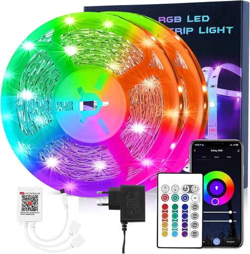 Banda LED WiFi HOVVIDA 20M, compatibila cu Alexa si Google Home, 30 LED-uri/metru, 600 LED-uri, banda RGB 24V, telecomanda si aplicatie, mod muzica, LED pentru dormitor, living, bucatarie, bar, petrecere