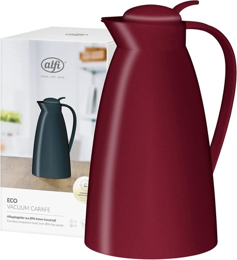 alfi ECO 1.0l, rosu rubin, carafa izolata cu insertie igienica din sticla securizata din plastic, capac cu inchidere prin rasucire si buton convenabil, turnare cu o singura mana, ideala ca ibric de cafea, ceainic, fara BPA