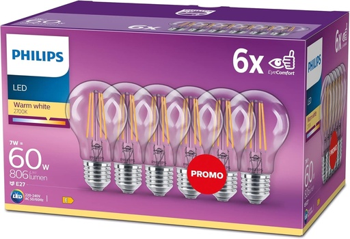 Becuri cu filament Philips LED Classic E27, pachet de 6 (60W), becuri LED cu lumina alba calda, iluminare LED economica cu durata lunga de viata, alb cald