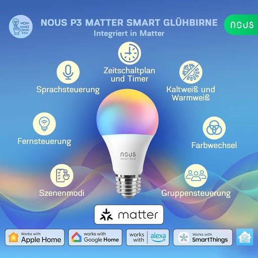 Bec inteligent WiFi NOUS P3 RGB E27, compatibil cu Matter, Alexa, Home Assistant si Apple HomeKit, Smart Home, telecomanda, bec LED cu schimbare de culoare, bec RGB, WiFi 2.4 GHz