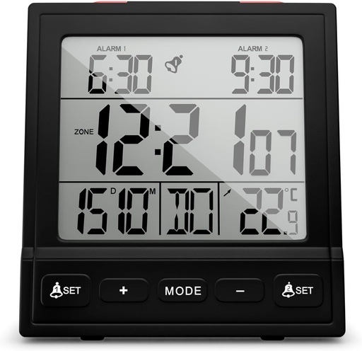Ceas desteptator radio digital Mebus cu termometru, afisaj data, doua ore de alarma, functie snooze, reglare automata a orei de vara/iarna, ceas radiocomandat, ceas desteptator digital/Culoare: Negru/Model: 25581