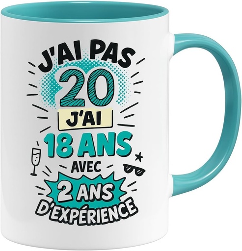 Cana Jungle | Cana amuzanta pentru a 20-a aniversare | Cadou original pentru femei si barbati la a 20-a aniversare | Cana amuzanta: Nu am 20 de ani - Am 18 ani cu 2 ani de experienta | Ceramica, Alb/Albastru, 330 ml