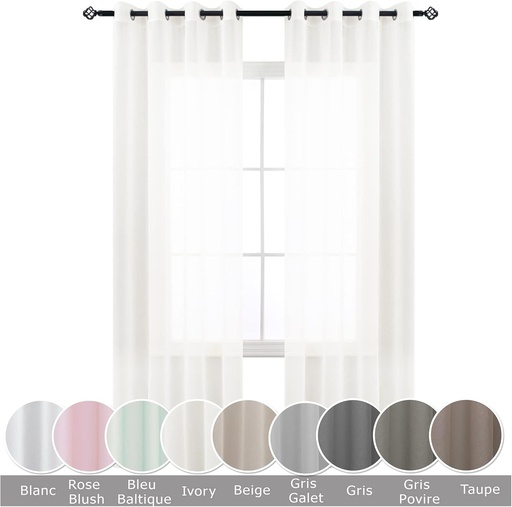 Cortina transparenta crem-ivoriu din calcar, 140x245 cm, cu ochiuri, efect semitransparent de in, decoratiuni moderne pentru ferestrele sufrageriei, dormitor, bucatarie, balcon, bovindou, usoara si romantica, 2 panouri