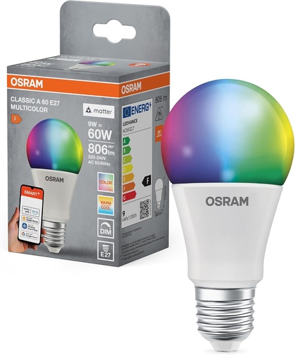 Bec LED OSRAM SMART+ RGBW, E27 cu Matter over Wifi, special conceput pentru ALEXA - configurare usoara cu un singur clic, echivalent 60W, alb cald pana la alb rece (2700-6500K), 16 milioane de culori RGB, pachet de 1