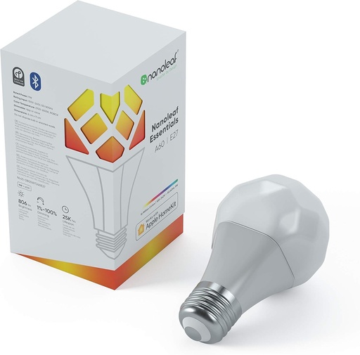 Bec Nanoleaf Essentials, Lampa LED inteligenta RGBW E27 - Lampa LED cu fir si Bluetooth, 16 milioane de culori, Sincronizare muzica si ecran, Functioneaza cu Google Home si Apple, pentru decorare si jocuri