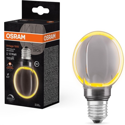 Lampa cu filament OSRAM Vintage 1906 Globe 80 O, 4 W, 110 lm, 1800 K, alb cald placut 818, fumuriu, IP 20, sticla fara plumb, 80 mm, soclu E27, alb