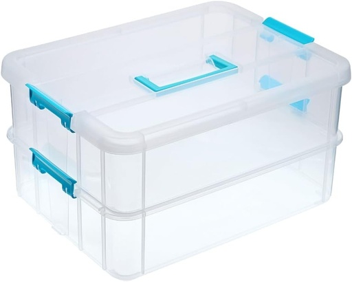 IGNPION Cutie de depozitare transparenta, stivuibila, cu 2 niveluri, cu maner de transport, multifunctionala pentru oja, ajutor educational, accesorii de cusut