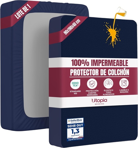 Protectie saltea Utopia Bedding, 90 x 200 x 30 cm, impermeabila, certificata Oeko-Tex, cearsaf cu elastic, husa de saltea, respirabila, neagra