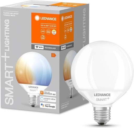 Bec LED inteligent LEDVANCE cu tehnologie Wi-Fi, soclu E27, reglabil intensitatea luminii, culoare lumina reglabila (2700-6500K), forma glob, mat, inlocuitor pentru becurile incandescente conventionale de 100W, controlabil cu Alexa, Google si aplicatie