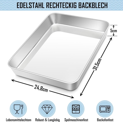 Tava de copt Onader, 31.8x24.8x5cm, tava dreptunghiulara din otel inoxidabil, tava pentru cuptor, tava pentru prajituri, tava adanca pentru copt, tava pentru lasagna, non-toxica si sanatoasa, usor de curatat si potrivita pentru masina de spalat vase