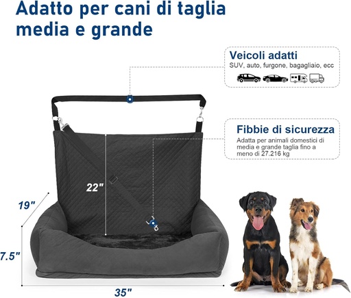 Scaun auto Honey Paws pentru caini de talie medie si mare sau doi caini de talie mica, scaun auto universal pentru bancheta din spate pentru caini de talie mica/medie pana la 25 kg, antiderapant, lavabil