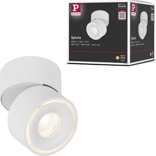 Lampa de tavan incastrata Paulmann 93373 cu LED Spircle 78 mm, incl. 1x8,0 W, alb cald, alb mat, montata pe suprafata, lampa de tavan din aluminiu, 3000 K
