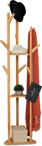 Cuier triunghiular Relaxdays, independent, cu 9 carlige, bambus, 2 rafturi, suport pentru jachete, 168,5 x 47 x 47 cm, natural