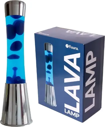 Fisura. - Lampa lava albastra. Baza cromata, lichid albastru si lava albastra. Lampa de atmosfera originala. Cu bec de rezerva. 11 cm x 11 cm x 39,5 cm.