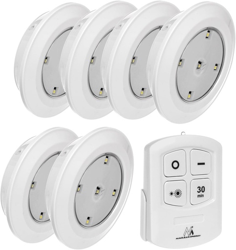 Maclean MCE165 Set de 6 becuri LED + telecomanda cu 4 functii Lampa de tavan pentru sub dulap Lampa de perete fara fir cu baterii Alb