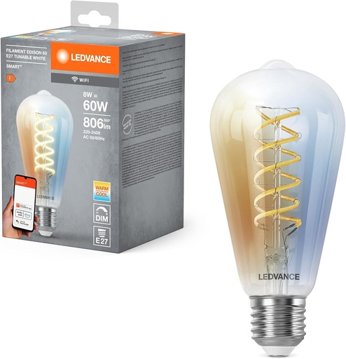 Bec LED LEDVANCE SMART+ WIFI, sticla alba, 8W, 806lm, forma Edison cu diametru de 64 mm si soclu E27, lumina alba reglabila (2700-6500K), reglabil, control prin aplicatie sau vocal, durata de viata de 15.000 de ore