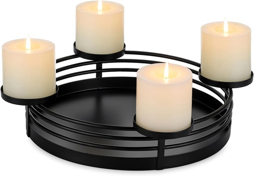 Cununa de Advent Moderna Romadedi cu Bol Metalic: Suport Rotund Negru Mat pentru Bol de Advent, Ø 30cm, pentru 4 Lumanari Pilon Ø 8cm - Aranjament de Advent cu Tava pentru Masa