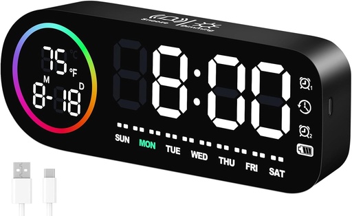 Ceas desteptator digital cu LED-uri Vinabo cu 7 culori - Ceas digital cu afisaj de temperatura, 5 niveluri de luminozitate, alarma duala, snooze, USB, 12/24h - Ceas desteptator luminos pentru copii si adulti (negru)