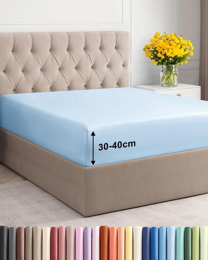Cearsaf cu elastic 120x200cm - Cearsaf cu elastic extra adanc pentru saltele cu inaltime de pana la 40 cm (16") - Microfibra periata moale - Nu se sifoneaza, nu se contracta si nu decoloreaza - Certificat Oeko-TEX - Cearsaf de pat albastru deschis