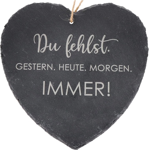Gata pentru un mesaj semnificativ | Inima mare din ardezie „Ne este dor de tine...” (20 x 20 cm) cu inscriptie gravata | Decoratiune funerara | Rezistent la intemperii