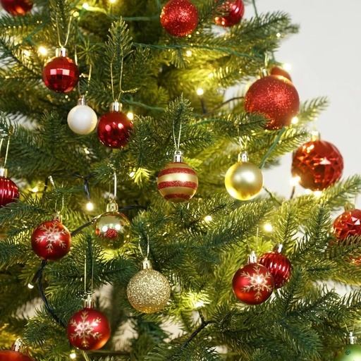 50 de globuri de Craciun din plastic, globuri mici de Craciun de 4 cm, mini ornamente de brad de Craciun rosii si aurii cu snur, decoratiuni pentru brad pentru Craciun si nunti