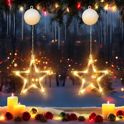 FLSEPAMB Lumini de Craciun cu LED-uri in forma de stele pentru fereastra, 2 bucati, lampi cu stele calde, lumini de Craciun cu ventuze, decoratiuni cu lumini pentru fereastra pentru Craciun