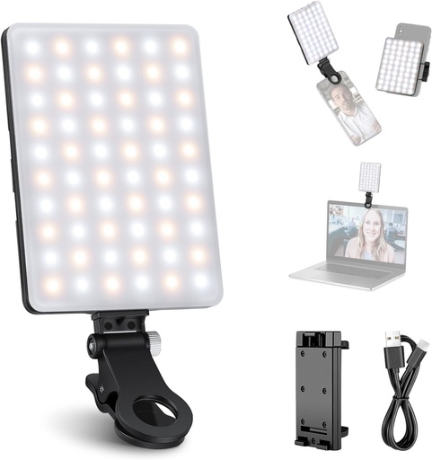 NEEWER Lampă LED pentru selfie cu clip frontal și posterior pentru telefon mobil/laptop, putere mare 60 LED-uri 2000mAh reîncărcabilă CRI 95+ Panou de iluminare portabil cu 3 moduri pentru zoom, apeluri, TikTok, video, focalizare, fotografie