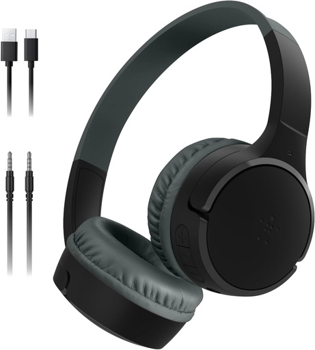 Căști wireless Belkin SoundForm Mini pentru copii cu microfon, supraauriculare, autonomie a bateriei de 30 de ore și adeziv, căști supraauriculare pentru învățare online și călătorii, compatibile cu iPhone, iPad sau Galaxy, negre