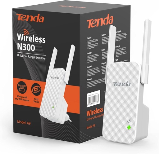 Amplificator WiFi Tenda A9 Repeater (300 Mbps, 2 antene externe, WPS, LED opribil, compatibil cu toate dispozitivele WiFi) alb
