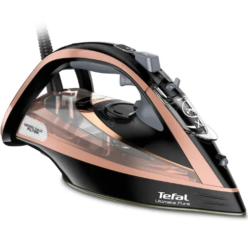 Fier de calcat cu abur Tefal Ultimate Pure, 3200 W, 1,2 kg, filtru Micro-Calc, talpa Durilium Airglide Autoclean, oprire automata, rezervor de apa de 0,35 litri, fabricat in Franta, negru/auriu