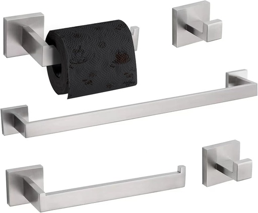 TURS Q7BR-P5 Set de accesorii pentru baie, nichel periat, 5 piese, suport pentru prosoape de baie, suport pentru prosoape de mână, 2 cârlige pentru prosoape, oțel inoxidabil SUS 304
