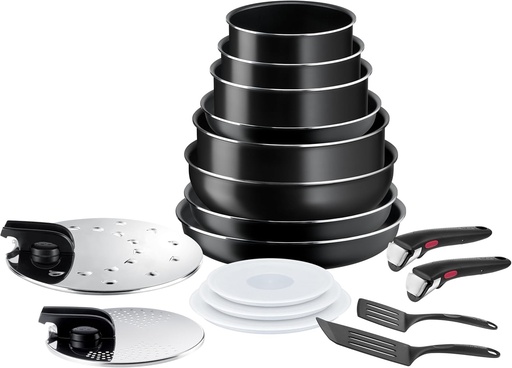 Set de vase de gătit Tefal Ingenio cu 17 piese, tigăi, cratițe, wok, tigaie pentru sotat, fără inducție, înveliș antiaderent, stivuibil, lavabil în mașina de spălat vase, fabricat în Franța, Easy On L1599702
