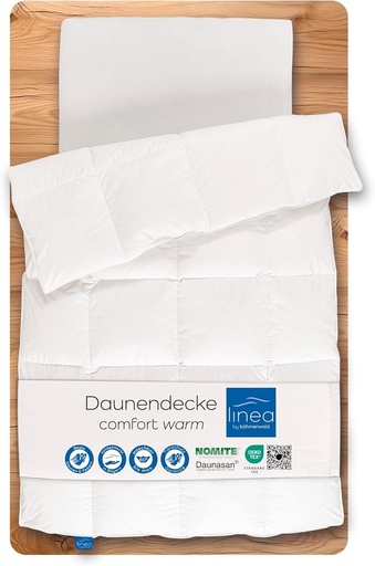 LINEA de Böhmerwald - Comfort - Pilotă confortabilă din puf, dimensiune standard, 200x200 cm, 90% puf / 10% pene, potrivită pentru persoanele alergice, lavabilă până la 60°C, fabricată în Germania