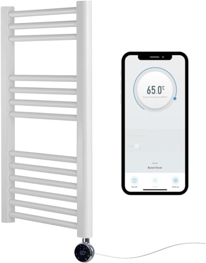 Suport electric încălzit pentru prosoape Greened House, inteligent, controlat prin WiFi, 400 mm lățime x 800 mm înălțime, temporizator programabil pe 7 zile, compatibilitate cu aplicațiile (șină albă + element WiFi cromat)