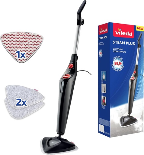 Mop cu abur Vileda Steam Plus Triangular Edition cu Power Pad, performanță de curățare igienică fără utilizarea de substanțe chimice, pentru toate podelele dure și covoarele