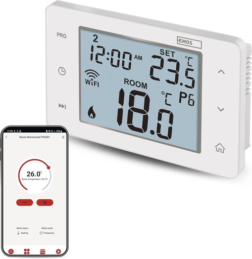 EMOS GoSmart - Termostat inteligent de cameră cu aplicație - WiFi - Termostat IP pentru sisteme de încălzire și răcire - Economisire energie - Compatibil cu Tuya, Google Assistant și Alexa - Alb