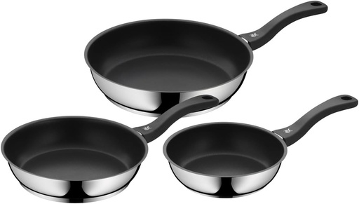 Set de 3 tigăi cu inducție WMF Devil – tigăi de 20, 24, 28 cm – Set de tigăi antiaderente din oțel inoxidabil Cromargan, acoperite, rezistente la mașina de spălat vase, la cuptor, rezistente la căldură și la zgârieturi