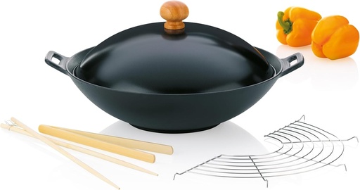 Tigaie wok din fontă kela cu capac 36 cm ASIA, set wok cu grătar pentru gătit la abur, bețișoare, clește din lemn, tigaie wok de 4,5 l compatibilă cu inducția