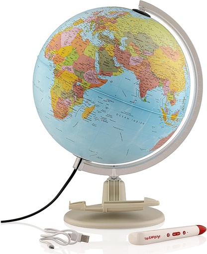Tecnodidattica – Parlamondo | Glob interactiv pentru toate vârstele | Iluminat și rotativ | Pix audio-muzical | 6 limbi disponibile | Cartografiere politică | Diametru 30 cm