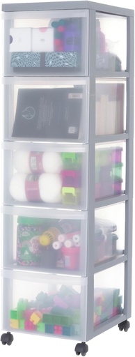 Cutie cu sertare din plastic Iris Ohyama cu roți, 5 sertare adânci, gri, mânere, pentru dormitor, baie, școală și birou, fără BPA, dulap cu sertare, recipient cu roți, sertar A4, DC-305