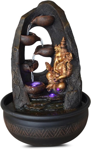 Fântână de interior Buddha Ganesh cu lumină LED colorată - Decorațiune Zen Feng Shui - Suport pentru pat - Înălțime 40 cm - Mystic Zen'light