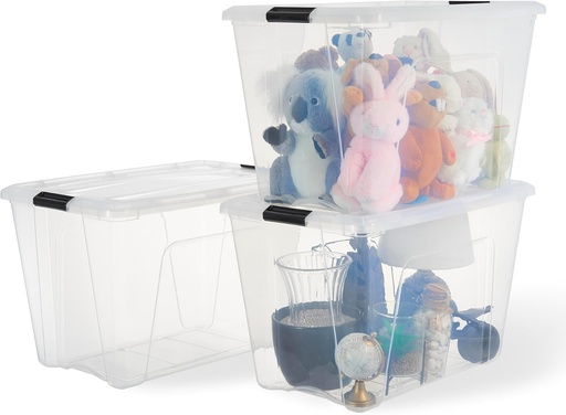 Iris Ohyama, Cutie de depozitare din plastic cu capac, 55L, pachet de 3, transparentă, plastic reciclat 98%, cleme de blocare, mâner, stivuibilă, pentru dormitor, birou, fără BPA, BSB-55