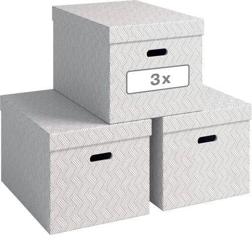 Set de 3 cutii de depozitare Leitz cu capac, 46 L, extra mare, carton 100% reciclat, design geometric, pentru școală, universitate și acasă, alb, 3 piese, 61420001