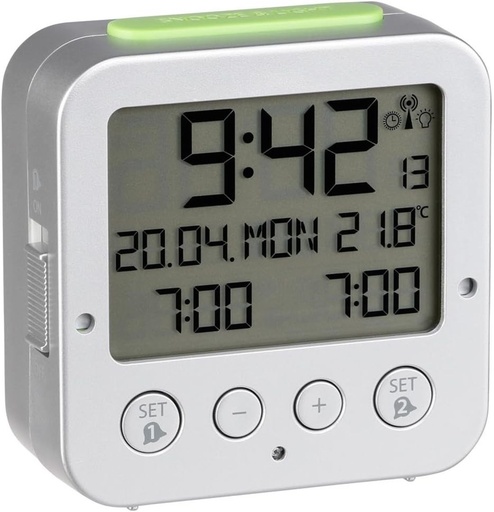 Ceas deșteptător radio TFA Dostmann Bingo, 60.2528.54, iluminare automată de fundal, dată, afișare temperatură și două ore de alarmă, argintiu-verde