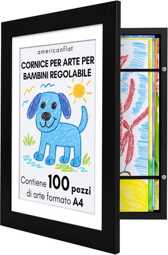 Ramă de desen pentru copii Americanflat, A4 neagră cu suport și 25,5 x 32 cm fără suport - Rame cu deschidere frontală, capacitate 100 de piese
