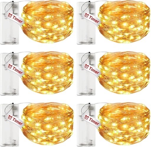 Litogo Set de 6 ghirlande luminoase LED cu temporizator, ghirlande luminoase de interior din sârmă de cupru cu 30 LED-uri de 3M, alimentate cu baterii (baterii AA) pentru petreceri, Crăciun, Halloween, decorațiuni de nuntă, alb cald