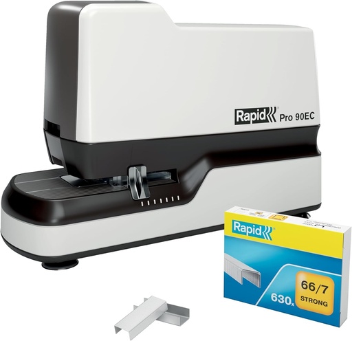 Capsator electric contactless Rapid 20942901 - 90EC Pro, capsator automat de birou, design durabil și hands-free, 630 capse incluse, alb, 50 coli