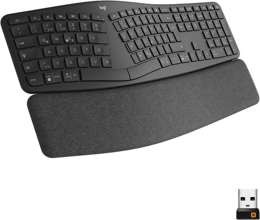 Tastatură ergonomică wireless Logitech Ergo K860 - Tastatură divizată, suport pentru încheietura mâinii, tastare naturală, conectivitate Bluetooth și USB, compatibilă cu Windows/Mac, structură QWERTY în spaniolă - Grafit